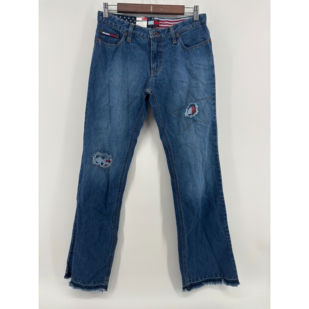 Tommy Hilfiger Bootcut Jeans Womens Blue Star Patch Distressed Frayed Hem 7‎ Y2K